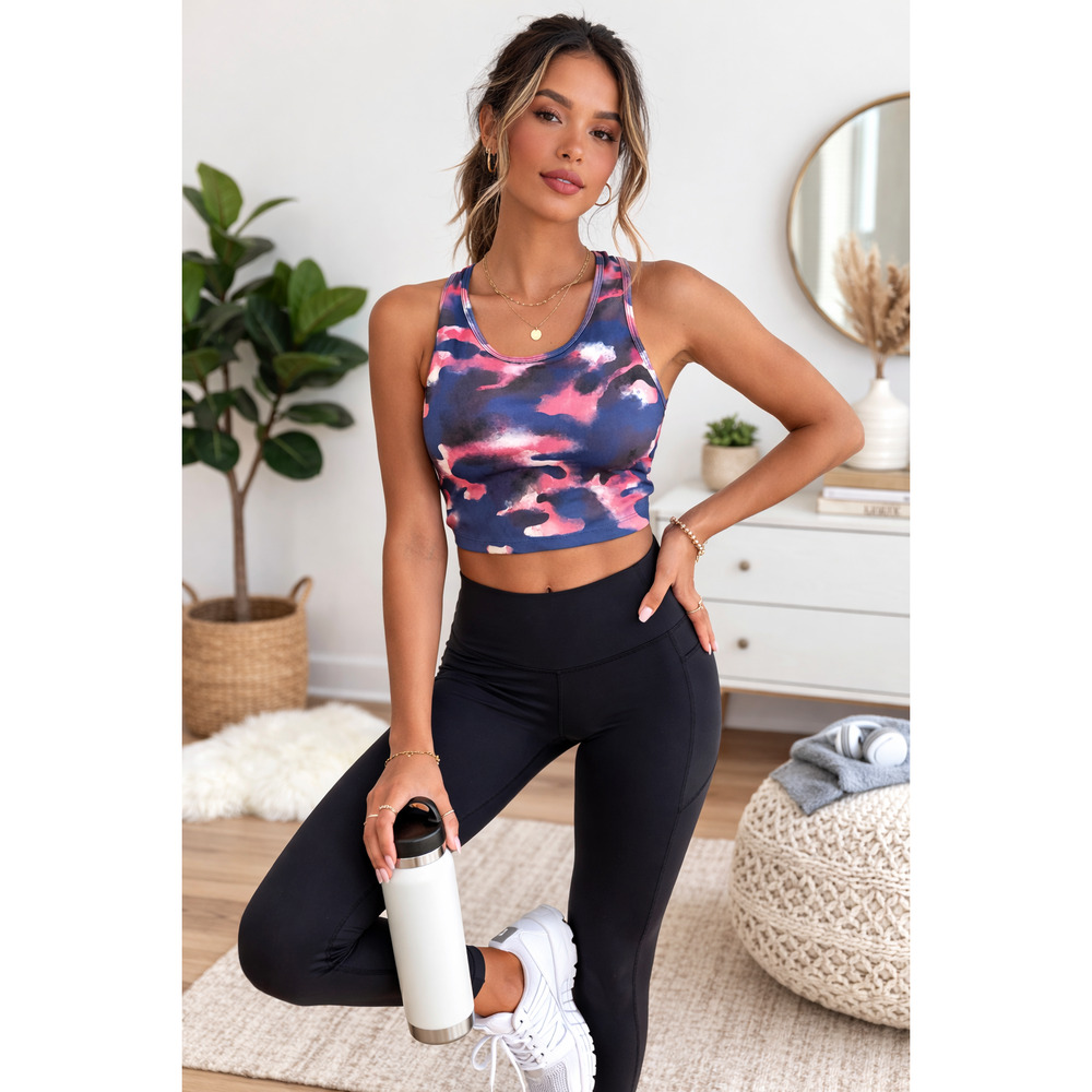 Activewear Longline Sports Bra Small Pink Blue Camo Racerback Yoga Gym Crop Top